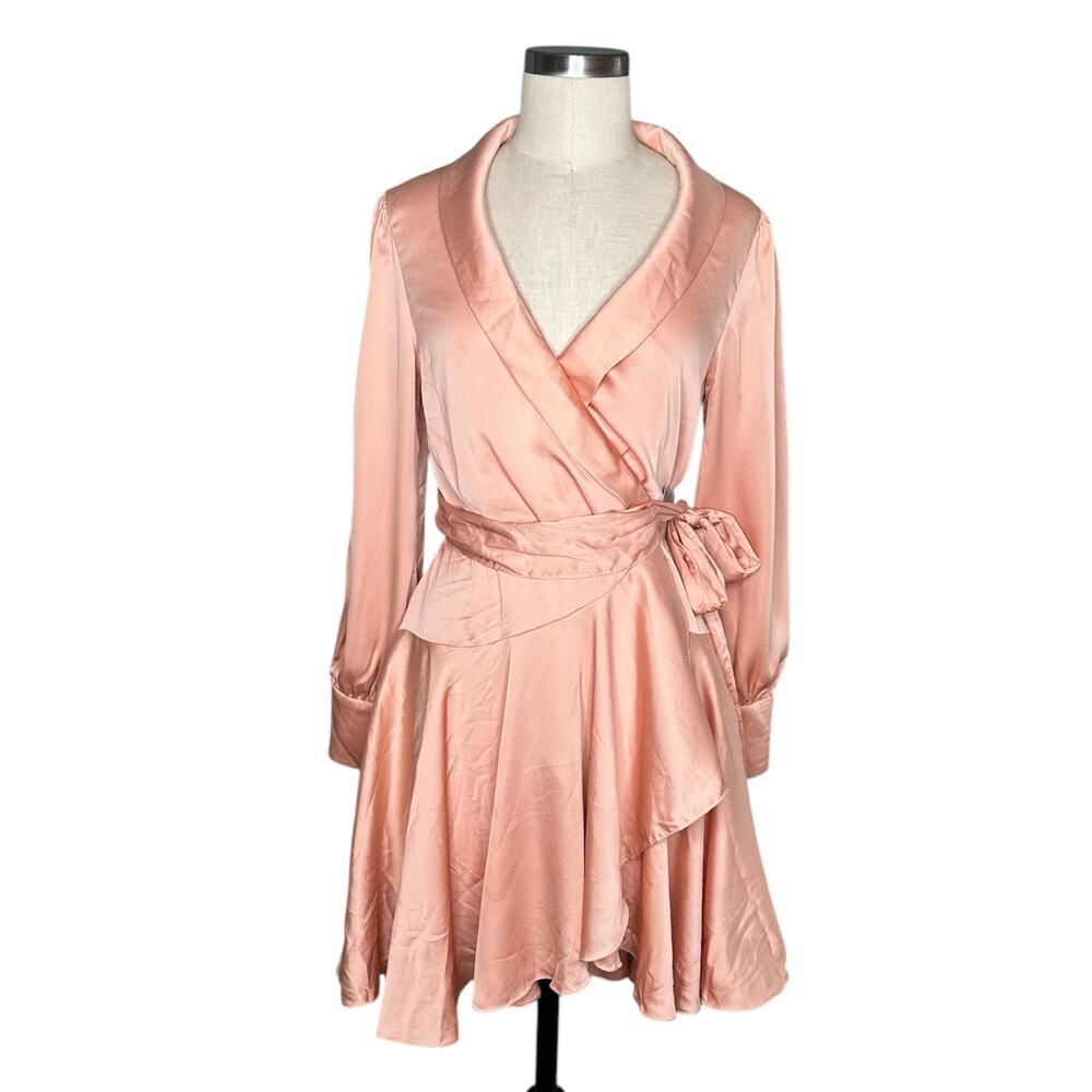 MAC DUGGAL Salmon A-Line Satin Long Sleeve Mini Dress Pink Wrap Small
